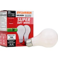 Sylvania Halogen A19 Light Bulb, 60W Equivalent, 43W Efficient, E26 Medium Base, 600 Lumens, 2750K, Soft White - 2 Pack (19009)