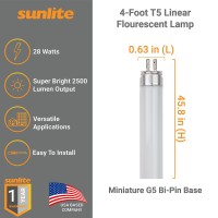 Sunlite 30345 F28T5/865 4 Foot T5 Linear Fluorescent Lamp, 28 Watts, 2500 Lumens, 6500K Daylight, Miniature G5 Bi-Pin Base, Rohs Compliant, High Performance Straight Tube, 40 Pack