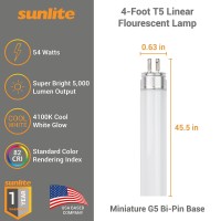 Sunlite 30440 F54T5/841/Ho 4 Foot T5 Linear Fluorescent Lamp, 54 Watts, 5000 Lumens, 4100K Cool White, Miniature G5 Bi-Pin Base, Rohs Compliant, High Performance Straight Tube, 40 Pack