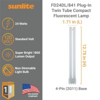 Sunlite Ft24Dl/841 Plug-In Twin Tube Compact Fluorescent Lamp, Ft 4-Pin, 24 Watts, 1800 Lumens, 4100K Cool White, 4-Pin (2G11) Base, 120 Volts, 1 Pack