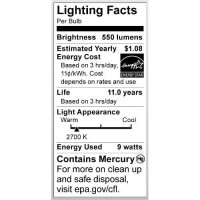 Satco S7361 9-Watt Candelabra Base T2 Mini Spiral, 2700K, 120V, Equivalent To 40-Watt Incandescent Lamp For Enclosed Fixtures