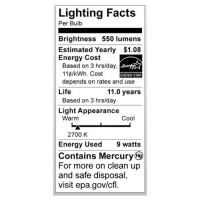 Satco S7361 9-Watt Candelabra Base T2 Mini Spiral, 2700K, 120V, Equivalent To 40-Watt Incandescent Lamp For Enclosed Fixtures