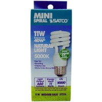 Satco S7216 11-Watt Medium Base T2 Mini Spiral, 5000K, 120V, Equivalent To 40-Watt Incandescent Lamp For Enclosed Fixtures