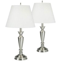 Traditional Table Lamps Set Of 2 Brushed Nickel Metal Candlestick White Linen Empire Fabric Shade Decor For Living Room Bedroom House Bedside Nightstand Home Office Family - Barnes And Ivy