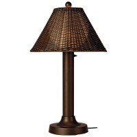 All weather hand woven PVC wicker shades highlight these elegant weatherproof lamps All resin construction with heavy weighted bases and two level dimming switch ensure these lamps will enhance any outdoor living are Unbreakable polycarbonate light bulb e