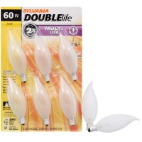 Sylvania Double Life Multi-Use Incandescent Bulb, 60W B10, E12 Candelabra Base, Frosted, 525 Lumens, 2850K, Clear, Soft White - 6 Pack (15325)