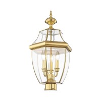 Livex Lighting 2354-02 Monterey 3 Light Outdoor Polished Brass Finish Solid Brass Post Head With Clear Beveled Glass, 17