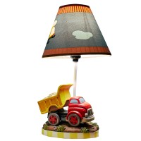 Fantasy Fields Kids Small Table Lamp Truck Lamp Car Lamp For Boys Room With Construction Truck Base Helicopter Printed Shade