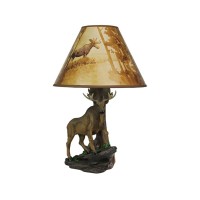 North American Bull Moose Table Lamp With A 12-Inch Diameter Forest Print Shade- Wildlife Decor - Perfect For Living Rooms, Cabins, And Bedrooms - 20 Inches Tall