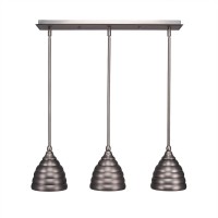 3 Light Linear Pendalier With Hang Straight Swivels Shown In Brushed Nickel Finish With 6 Brushed Nickel Cone Metal Shade