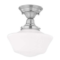 Design Classics Lighting Polished Nickel 12 Inch Schoolhouse Semi Flush Mount Ceiling Light With Milk Glass Shade