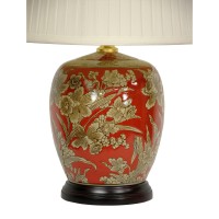 Melon jar shaped porcelain ceramic lamp in a rich red color with an intricate floral pattern in beige and brown Lamp is mounted on a round rosewood base and ships with a pleated white lamp shade and decorative finial UL approved hardware uses standard US 