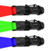 Souyos 3 Pcs Red Green Blue Light Led Flashlight,7W Zoomable Red Green Hunting Light Blue Flashlight,3 Modes Tactical Torch Light For Fishing,Tracking Blood,Detect,Night Vision,Coral