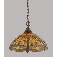 Chain Hung Pendant Shown In Bronze Finish With 16 Amber Dragonfly Art Glass