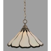 Chain Hung Pendant Shown In Brushed Nickel Finish With 16 Pearl & Black Flair Art Glass