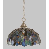 Chain Hung Pendant Shown In Brushed Nickel Finish With 16 Blue Mosaic Art Glass