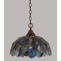 Chain Hung Pendant Shown In Bronze Finish With 16 Blue Mosaic Art Glass