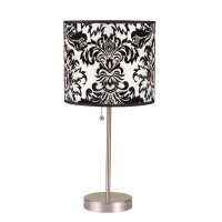 Ore International 8312B 19-Inch Brushed Steel Table Lamp With Damask Print Shade