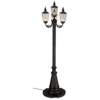 Features black texture powder coated aluminum construction with a resin base that holds 40 lbs of sand Durable acrylic lantern globes two level dimming switch and 10 ft weatherproof cord and plug 460 watt bulb maximum or comparable LED or CFL bulbs