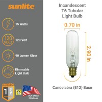 Sunlite 15T6/Cl Incandescent 15-Watt, Candelabra Based, T6 Tublular Bulb, Clear