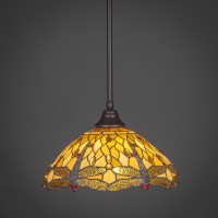 Stem Pendant With Hang Straight Swivel Shown In Dark Granite Finish With 16 Amber Dragonfly Art Glass