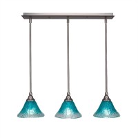 3 Light Linear Pendalier With Hang Straight Swivels Shown In Brushed Nickel Finish With 7 Teal Crystal Glass