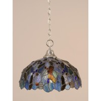 Chain Hung Pendant Shown In Chrome Finish With 16 Blue Mosaic Art Glass