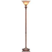 This lamp features a torchlike floor lamp Includes glasslike shade with a textured finish Body is made of metal with a painted woodenlike finish Has very simple and unique features This ancient style torch floor lamp gives an elegantly classical sensation