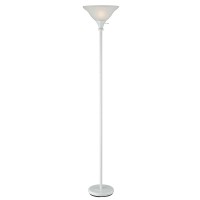 This torchierestyle floor lamp features a clean white finish for an elegant contemporary look This lamp is perfect for a bedroom where extra light is needed44 or for seating areas It is topped with a frosted white shadeFeatures58Frosted glass shadeThree w