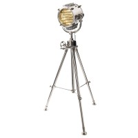 Bold and striking nickel and steel tripod stand Height adjustable Lamp head moves up and down with the help of an intricate gear and cogwheel system 346 in L x 346 in W x 65 in H Our spotlight dates back to the 1930s and was likely used on a French Navy b