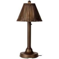 All weather hand woven PVC wicker shades highlight these elegant weatherproof lamps All resin construction with heavy weighted bases and a two level dimming switch ensure these lamps will enhance any outdoor living areaUnbreakable acrylic light bulb enclo