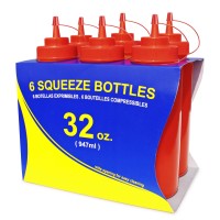 New Star Foodservice 26436 Squeeze Bottles, Plastic, Wide Mouth, 32 Oz, Red, Pack Of 6