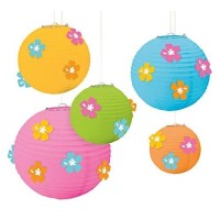 Amscan Sun-Sational Summer Luau Round Lanterns With Hibiscus Add-Ons (5 Pack), 12 X 11, Assorted Sizes, Multi Color