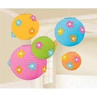 Amscan Sun-Sational Summer Luau Round Lanterns With Hibiscus Add-Ons (5 Pack), 12 X 11, Assorted Sizes, Multi Color