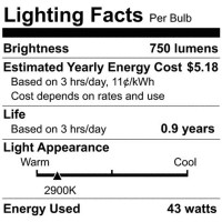 Satco S2402 43 Watt (60 Watt) 750 Lumens A19 Halogen Warm White 3000K Clear Light Bulb, 2-Pack