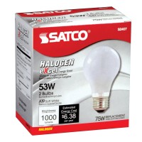 Satco S2407 53 Watt 75 Watt 1050 Lumens A19 Halogen Warm White 3000K Soft White Light Bulb 2Pack