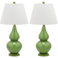 Safavieh Lighting Collection Cybil Modern Contemporary Green Double Gourd Glass 27-Inch Bedroom Living Room Home Office Desk Nightstand Table Lamp Set Of 2 (Led Bulbs Included)