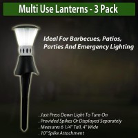 Add a pleasant glow to gardens and patios with this 3piece set of LED Touch Lantern Garden Lights Ideal for barbecues patios parties and emergency lighting Just press down light to turn on and off Lights can either be assembled with provided spikes or dis