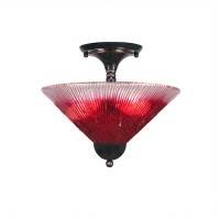 Semi-Flush With 2 Bulbs Shown In Black Copper Finish With 12 Raspberry Crystal Glass