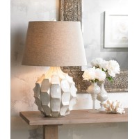 This classic midcentury modern table lamp features a handsome ceramic base with a dramatic design The resulting look is full and rich with a texture that is both eyecatching and stylishly sculpted Its topped with a linen drum shade that provides a natural