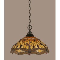 Chain Hung Pendant Shown In Matte Black Finish With 16 Amber Dragonfly Art Glass