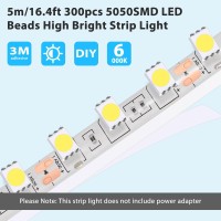 Super Bright Waterproof 12V 300 Smd Led Strip Flexible Light Strip 5050 Cool White 16.4 Foot / 5 Meter With Adhesive Back