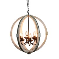 Calder Wooden Orb Shape Chandelier With Metal Chain And Six Bulb Holders, White(D0102H5Ui18)