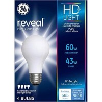 Ge Reveal Hd Halogen Light Bulb, A19 Enhanced Spectrum, 60 Watts, Medium Base, 4-Pack