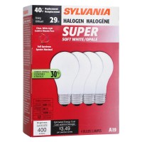 Sylvania Home Lighting 52190 Tungsten Halogen Bulb, A19-40W-2700K, Soft White Finish, Medium Base, Pack Of 4