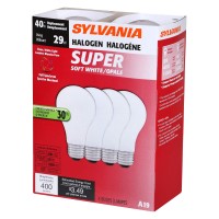 Sylvania Home Lighting 52190 Tungsten Halogen Bulb, A19-40W-2700K, Soft White Finish, Medium Base, Pack Of 4