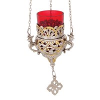 Iconsgr Orthodox Greek Christian Bronze Hanging Votive Vigil Oil Lamp With Chain And Red Glass - 9503Gn