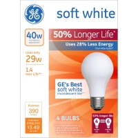 Ge Lighting White 70287 Soft Long Life 29 (40-Watt Replacement), 390-Lumen A19 Light Bulb With Medium Base, 4-Pack, 4 Count (Pack Of 1)