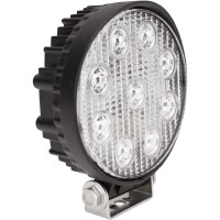 5 Inch Round 27 Watt Flood Beam Epistar 9LED Clear Bulb Clear Plastic Lens Black Housing Pedestal Mount With Pivoting Bracket Single With Mounting Hardware Pigtail Harness Connector