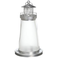 Frosted glass creates a gorgeous glow once a candle is lit within this lighthousetheme candle holder The design is simple enough to go anywhere but still conveys a sense of being seaside Weight 07 pound 5 inches in diameter x 10 inches tall Iron with fros